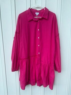 Mud Pie Mary Hot Pink Cotton Poplin Asymmetrical Tiered Ruffle Shirt Dress NWT
